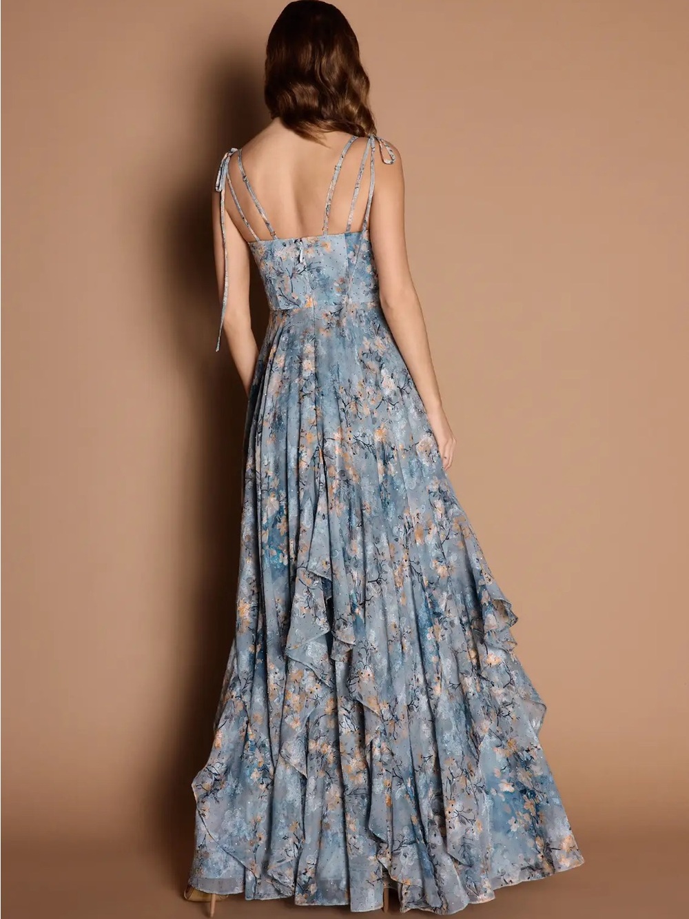 Azazie Blue Floral V-Neck Tie-Strap Maxi Dress - Picture 5 of 10